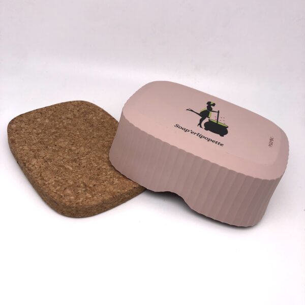 boîte à savon rose avec le logo de la savonnerie Soap'erlipopette, en plastique recyclé et liège