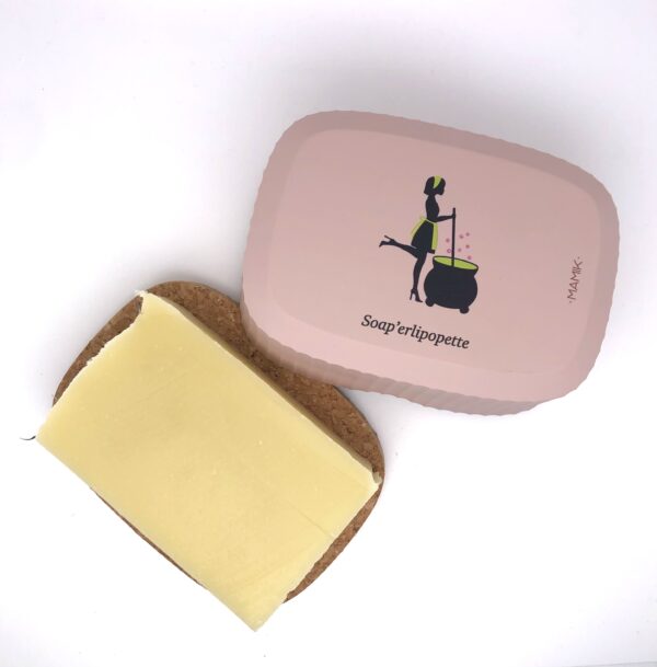 boîte à savon rose avec le logo de la savonnerie Soap'erlipopette, en plastique recyclé et liège, ouverte, vue de dessus